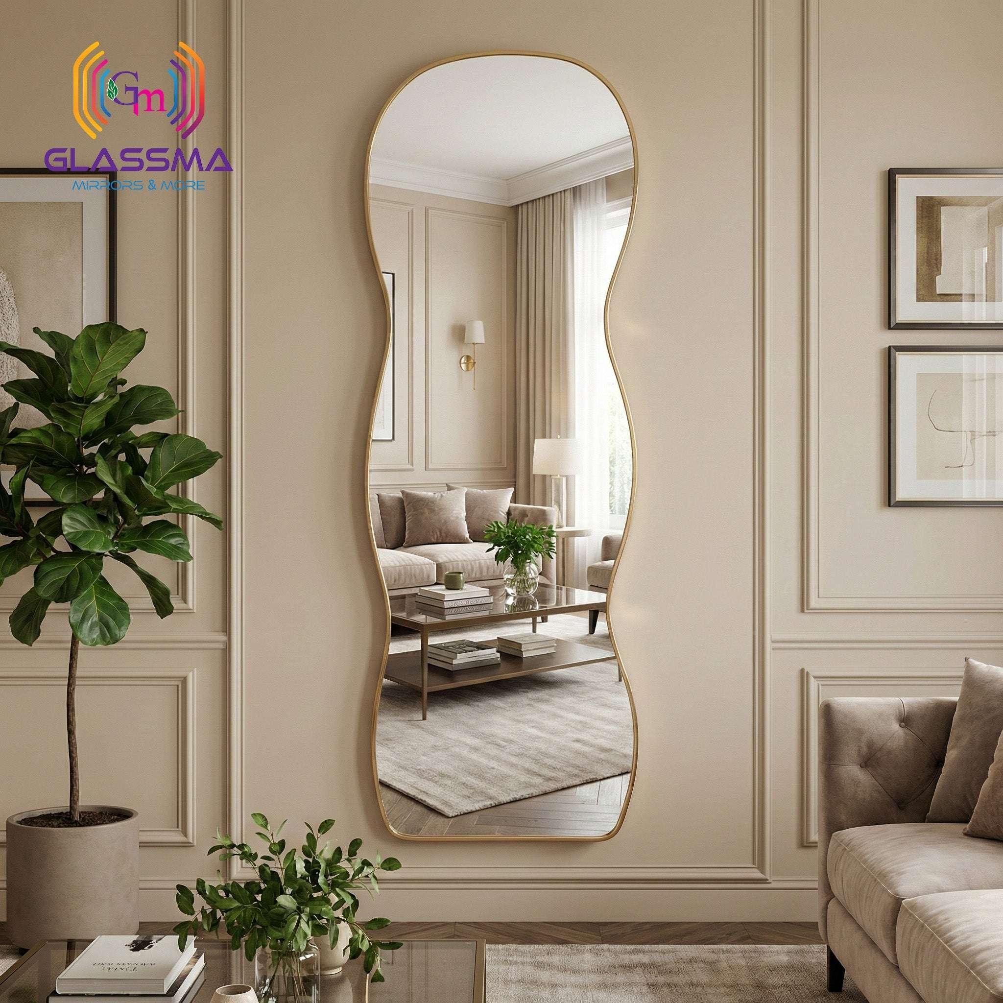 Irregular Aluminum Golden Framed Full-Length Mirror - Modern Designer Plain Wall Mirror - Glassma
